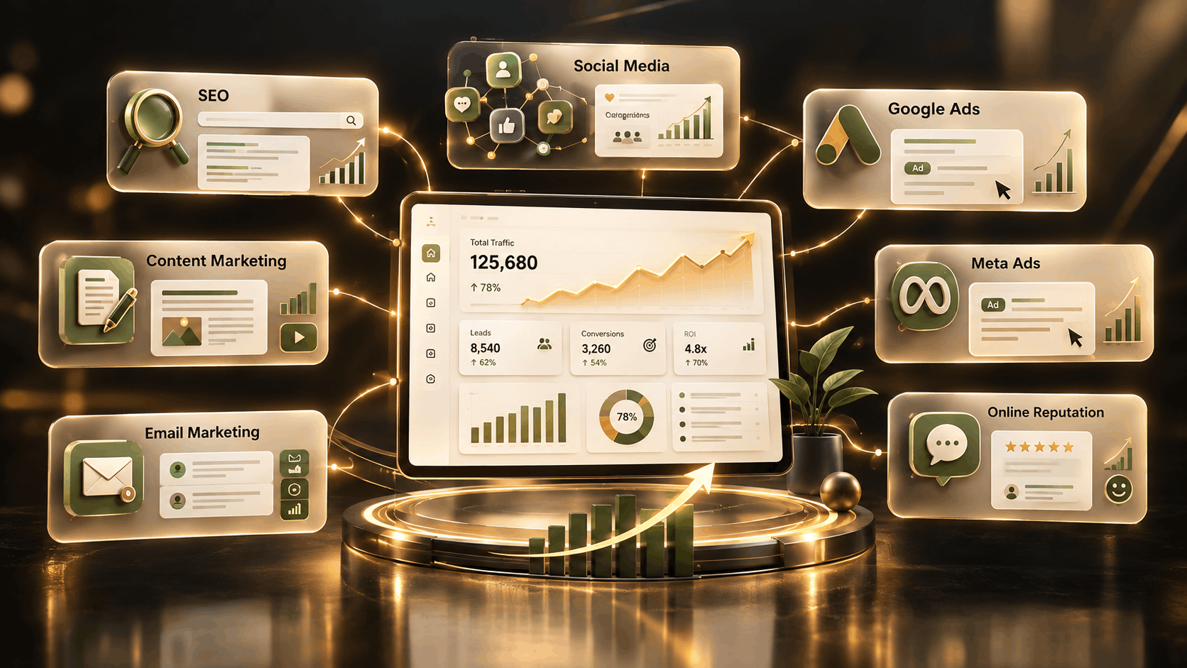 Integrated marketing dashboard showing connected marketing channels
